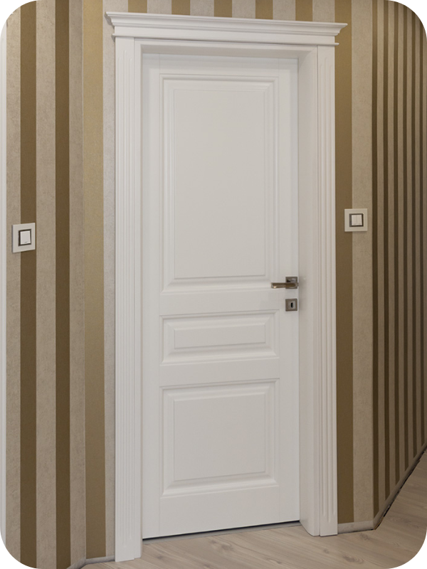 Ușă interioară albă stil clasic cu tăblii și capitel decorativ