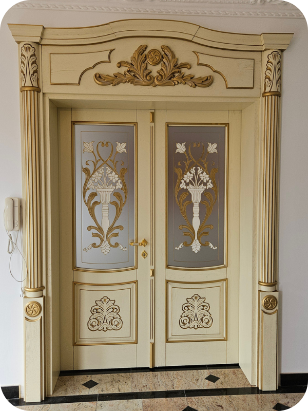 Ușă dublă de interior crem cu sculpturi artizanale, geam sablat și detalii aurii